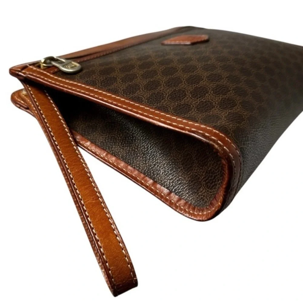 💯 Authentic Italy certified Céline Vintage Macadam Wristlet Pouch Brown Leather